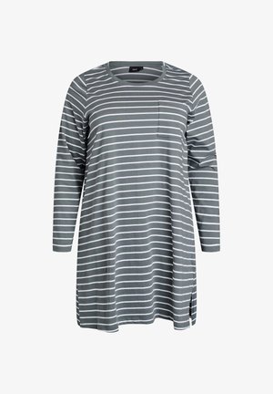 Grå och vit randig långärmad tunika med rund halsringning och bröstficka; mjukt, lätt material med sidofickor i fållen.