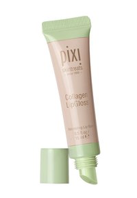 LipGloss Pixi Collagen dans un tube pastel rose compressible avec un bouchon vert à bascule ; comporte un texte blanc et un embout applicateur pointu.