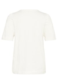 Witte kortekorte mouw top met een ronde halslijn en subtiele puff-details op de schouders. Zachte, gladde katoen stof; ongeversierde achterkant.