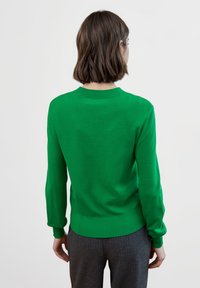 Zelený pletený svetr s kulatým výstřihem, dlouhými rukávy, žebrovanými manžetami a lemem. Design je jednoduchý, s měkkou texturou a jednobarevný.
