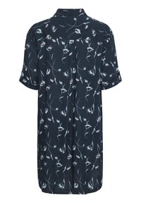 Kurzarmhemd aus navyfarbigem Stoff mit einem floralen Muster in Rot und Weiß. Entspanntes Design mit Kragen und Rückfalte.