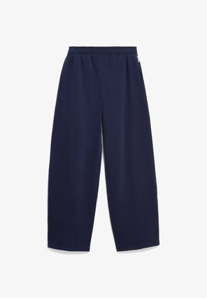 Marineblauwe wijde broek van zacht materiaal, met een elastische tailleband, zijzakken en een gladde textuur.