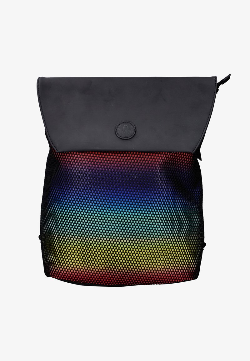 Top nero con una patta pieghevole, che contrasta con un corpo in rete caratterizzato da un motivo sfumato dal rosso al giallo fino al blu. Materiale resistente e chiusura con zip.