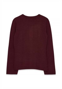 Burgundyröd tröja med långa ärmar, ribbad halsringning och manschetter, slät textur och något förlängd bakre fåll. Enkelt design utan utsmyckningar.
