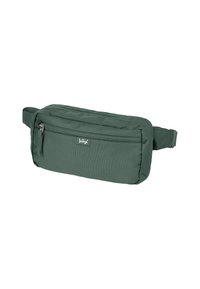 Marsupio verde in tessuto con forma rettangolare, dotato di tasca anteriore con zip e cinturino regolabile per una vestibilità sicura.