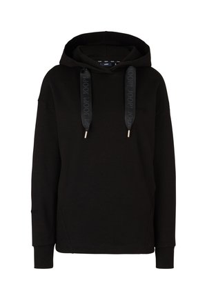 Felpa nera con cappuccio dal fit rilassato. Presenta lacci con design del logo, dettagli con spacchi laterali e polsini a coste.