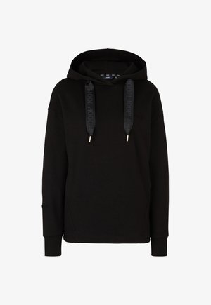 Czarna bluza z kapturem w luźnym fasonie. Posiada sznurki z logo, boczne rozcięcia oraz ściągacze na rękawach.