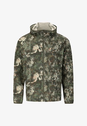 Tarnjacke in Grüntönen mit weißen und orangefarbenen Spritzmustern, ausgestattet mit einem Reißverschluss vorne und einer Kapuzenkonstruktion. Glatte Textur.