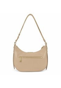 Borsa a spalla in pelle beige con forma arrotondata, dotata di una tasca con zip frontale e accessori in tonalità oro. Texture liscia e tracolla regolabile.