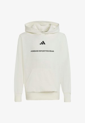 Bijela dukserica s kapuljačom napravljena od mekog materijala, s prednjim džepom, rebrastim manžetama i crnim logotipom "ADIDAS SPORTSWEAR" te tri pruge.