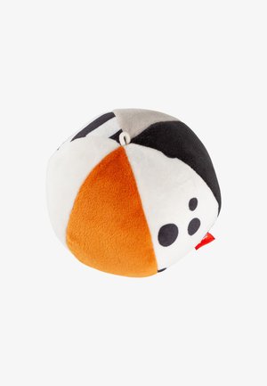 Weicher Plüschball, gestaltet wie ein Papageitaucher, mit orangefarbenen, schwarzen, weißen und grauen Farbbereichen und einer kleinen Stoffschlaufe oben.