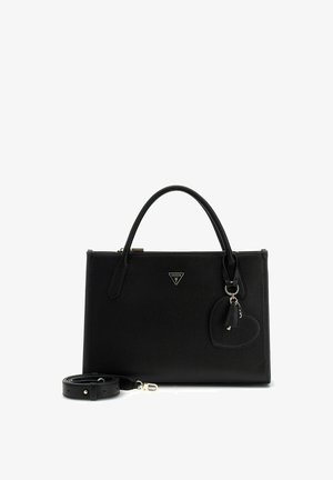 Sac à main structuré noir avec doubles poignées, bandoulière amovible, pendentif en forme de cœur et petit logo triangulaire Guess à l'avant.