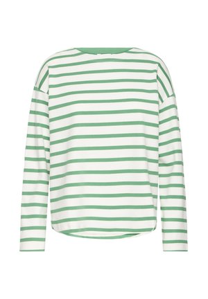 Grün-weiß gestreiftes Langarmshirt mit rundem Ausschnitt und lockerem Schnitt. Weicher Stoff mit glatter Textur.