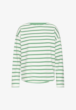 Zöld-fehér csíkos, hosszú ujjú ing kerek nyakkivágással és laza szabással. Puha anyag, sima textúrával.