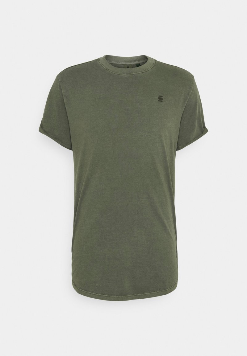 T-shirt vert à manches courtes et col rond avec un petit logo sombre sur la poitrine gauche, présenté sur un fond clair uni.