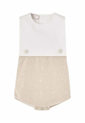 Combinaison pour bébé blanche et beige avec texture tricotée, petits points blancs, boutons sur la poitrine et en bas, sans manches avec col rond.