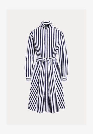 Langermet skjorte-kjole med navy og hvite vertikale striper og en matchende knyttet midjebelte.