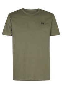 T-shirt in cotone verde oliva con maniche corte, colletto rotondo e piccolo logo nero sul lato sinistro del petto. Texture liscia e vestibilità regolare.