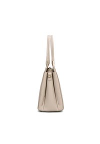 Beige leren handtas met dubbele bovenhandvatten, gestructureerde vorm en subtiele textuur. Voorzien van een veilige ritssluiting en accenten van goudkleurig metaal.