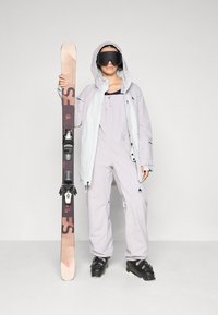 Costum de schi format dintr-o jachetă izolată gri deschis și un salopetă. Băieți de schi negri și ochelari de schi. Ținând un schi maro cu legături.