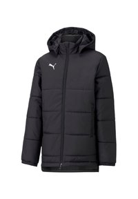 Schwarze Daunenjacke mit Kapuze, ausgestattet mit einem durchgehenden Reißverschluss, horizontalem Steppmuster und weißem Logo auf der linken Brust.