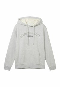 Sudadera gris hecha de una tela suave, con un bolsillo delantero, cordones y un estampado gráfico con el texto "DENIM TOM TAILOR".