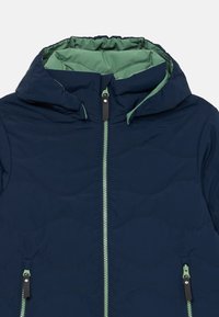 Navy blue padded jacket with green lining, front zipper, two zippered pockets, and attached hood on a white background.
