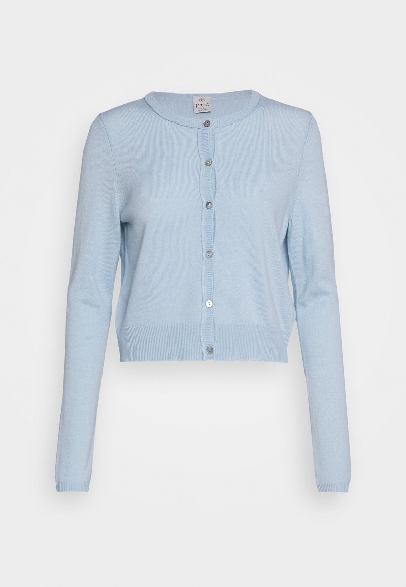 Light blue cropped cardigan made of soft fabric, featuring a round neck, long sleeves, and five button closures down the front.