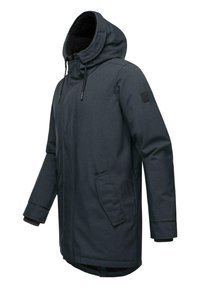 Parka à capuche gris foncé avec doublure en fausse fourrure, dotée d'une fermeture zippée, de poches latérales et de manches élastiques pour un ajustement confortable.
