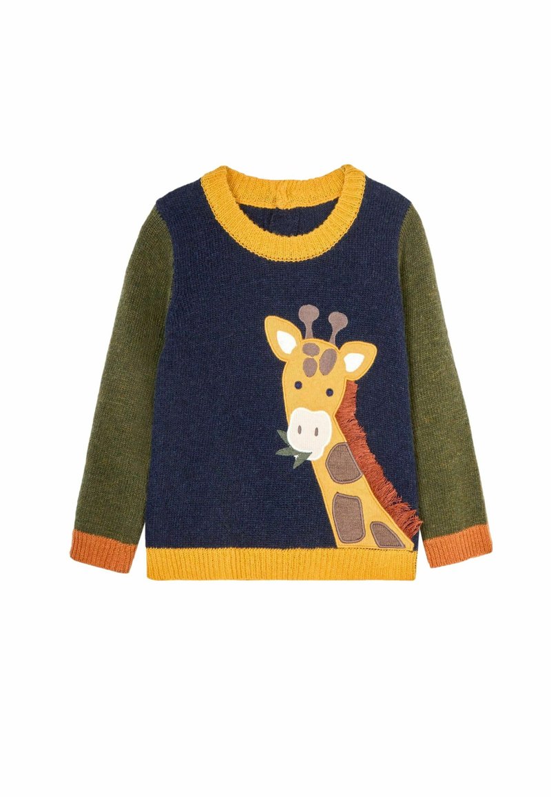 Strickpullover mit einem Giraffendesign. Hauptfarbe Marineblau, mit grünen Ärmeln und orangefarbenen Akzenten. Weiche Textur, Rundhalsausschnitt und verspielte Illustration.