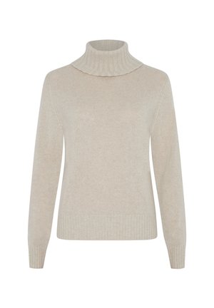 Maglione beige con collo a dolcevita realizzato in morbido tessuto a maglia, con colletto e orlo a coste, maniche lunghe e una texture liscia.