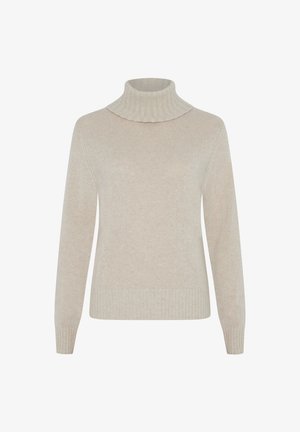 Beige Rollkragenpullover aus weichem Strickstoff, mit geripptem Kragen und Saum, langen Ärmeln und glatter Textur.
