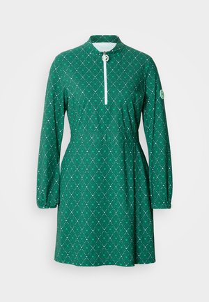 Groene jurk met lange mouwen, ritssluiting met opstaande kraag, geplooide taille en een ruitpatroon met witte accenten. Gemaakt van lichtgewicht stof.