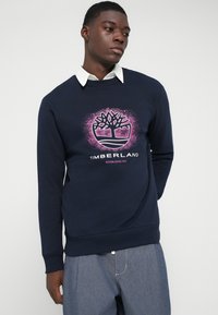 Tânăr îmbrăcat cu un hanorac bleumarin cu logo-ul roz Timberland reprezentând un copac și text, suprapus peste o cămașă albă cu guler, pozând cu mâinile la spate.
