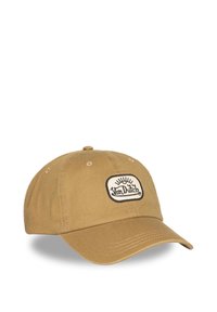 Casquette de baseball en coton beige avec visière courbée et patch brodé représentant un motif de soleil et le texte « Von Dutch ».