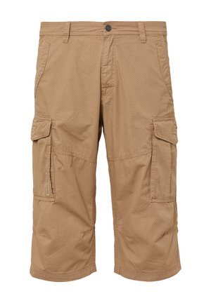 Beige Cargo-Shorts aus strapazierfähigem Gewebe, mit mehreren Seitentaschen, einem Knopfverschluss und knielangem Schnitt mit durchbrochenem Design.