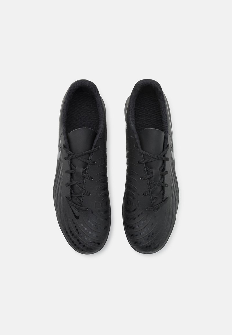 Schwarze Sportschuhe mit strukturiertem synthetischem Obermaterial, kreisförmigen Mustern und flachen Schnürsenkeln. Verfügt über ein gepolstertes Innenfutter und ein gewölbtes Sohlen-Design.