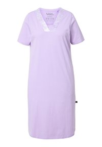 Liliowa sukienka w t-shircie z miękkiej bawełny, z dekoltem w kształcie litery V i błyszczącymi akcentami oraz krótkimi rękawami. Prosty, prosty krój.