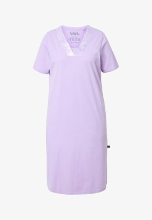 Lavendelfarbenes T-Shirt-Kleid aus weicher Baumwolle mit V-Ausschnitt und glänzenden Akzenten sowie kurzen Ärmeln. Einfaches, gerade geschnittenes Design.