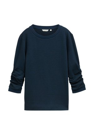 Granatowa teksturowana koszula z długim rękawem, z okrągłym dekoltem i marszczonymi rękawami, oznaczona jako rozmiar mały, prezentowana na białym tle.