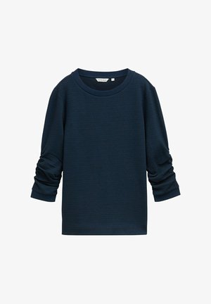 Chemise à manches longues texturée bleu marine avec col rond et manches froncées, taille petite indiquée, présentée sur fond blanc.