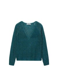 Turkusowy sweter z długim rękawem w serek, wykonany z teksturowanego, błyszczącego materiału, z rękawami raglanowymi i luźnym krojem.