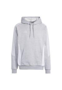 Grå hettegenser laget av myk stoff, med en frontlomme, justerbar snor i hetten, og hvite sidestreker. Logo på brystet.