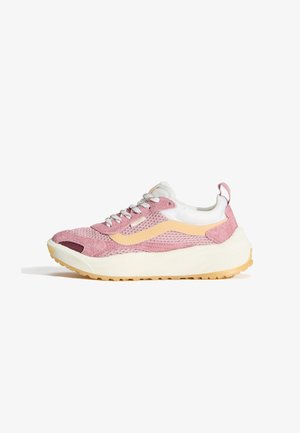 Pink and white sneaker with a mesh upper and suede accents, featuring a chunky cream sole and beige rubber outsole. Laces are silver.