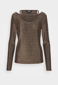 Brauner Langarm-Top mit Glanz, runden Ausschnitt und Ausschnitten an den Schultern. Weicher Stoff mit figurbetontem Design. Marke: DKNY.