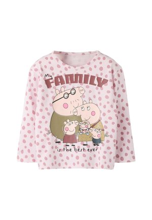 Chemise rose à manches longues avec des pois roses, avec le dessin animé de la famille Peppa Pig et le texte "My family is the best ever" sur le devant.