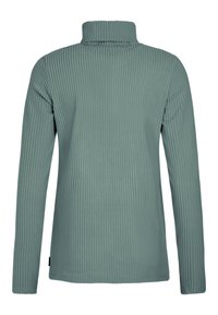 Pull en col roulé côtelé de couleur vert atténué. Manches longues, tissu texturé, coupe ajustée. Pas de logos ni de détails supplémentaires visibles.