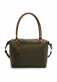 Olijfgroene nylon handtas met bruine leren hengsels, een rits bovenaan en een voorvak. Gladde textuur met contrasterende stikdetails.