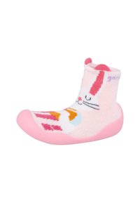 Zapatos-sock rosa para niños con una suave tela de punto que presenta un diseño de conejo, patrones coloridos y una suela rosa de goma para mayor agarre.