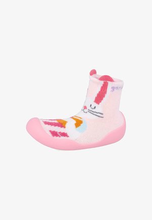Zapatos-sock rosa para niños con una suave tela de punto que presenta un diseño de conejo, patrones coloridos y una suela rosa de goma para mayor agarre.